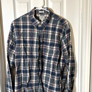 jcrew men’s button up/button down madras blue plaid shirt size L